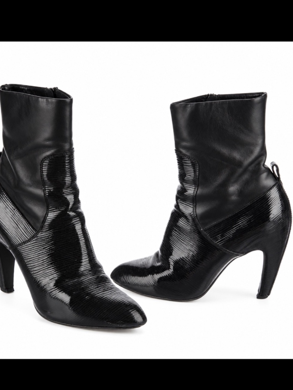 Louis Vuitton Vintage Black Patent Epi Leather Ankle Boots 9 Curved Heel Booties